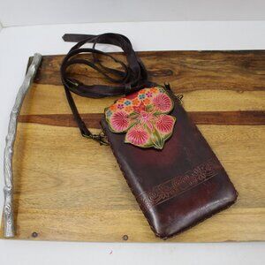 Genuine Leather Hand Tooled Butterfly Cross Body Wallet Bag
